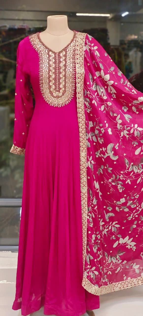 Designer Embroidered Neck Elegant Chinon Fabric Panel Style Anarkali with Hand Embellished Dupatta