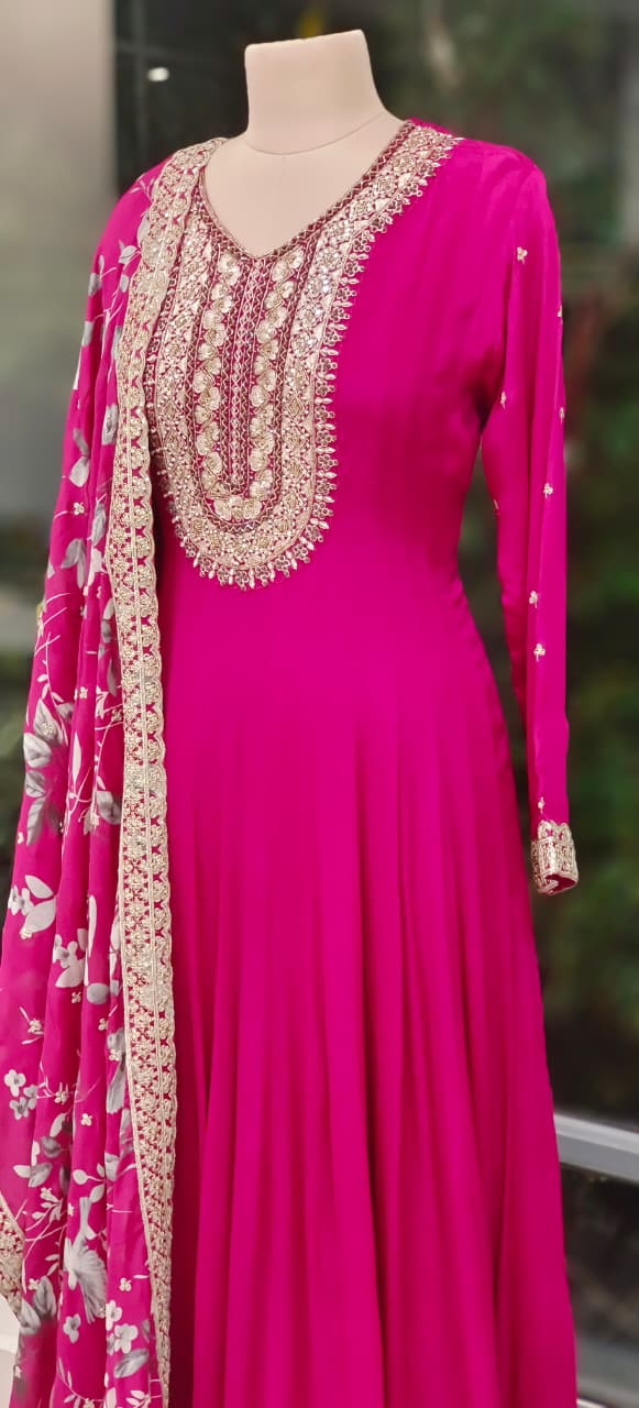 Designer Embroidered Neck Elegant Chinon Fabric Panel Style Anarkali with Hand Embellished Dupatta