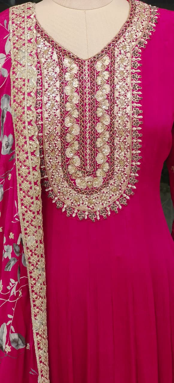 Designer Embroidered Neck Elegant Chinon Fabric Panel Style Anarkali with Hand Embellished Dupatta