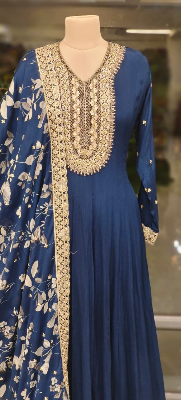 Designer Embroidered Neck Elegant Chinon Fabric Panel Style Anarkali with Hand Embellished Dupatta