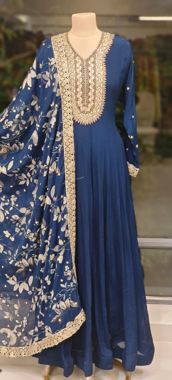 Designer Embroidered Neck Elegant Chinon Fabric Panel Style Anarkali with Hand Embellished Dupatta