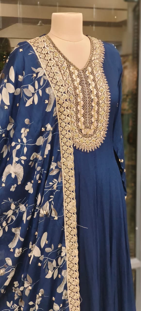 Designer Embroidered Neck Elegant Chinon Fabric Panel Style Anarkali with Hand Embellished Dupatta