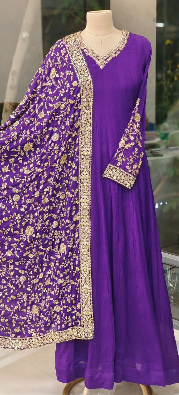 Flowy Chinon Fabric Anarkali Full Suit Set  With Contrast Heavy Embellished Dupatta