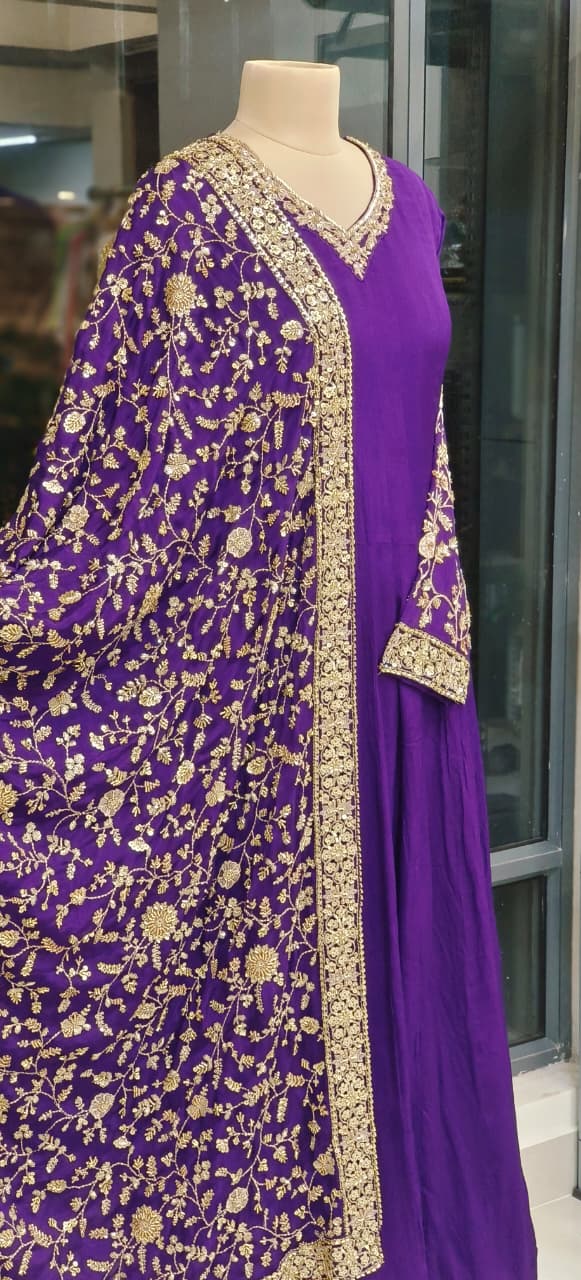 Flowy Chinon Fabric Anarkali Full Suit Set  With Contrast Heavy Embellished Dupatta