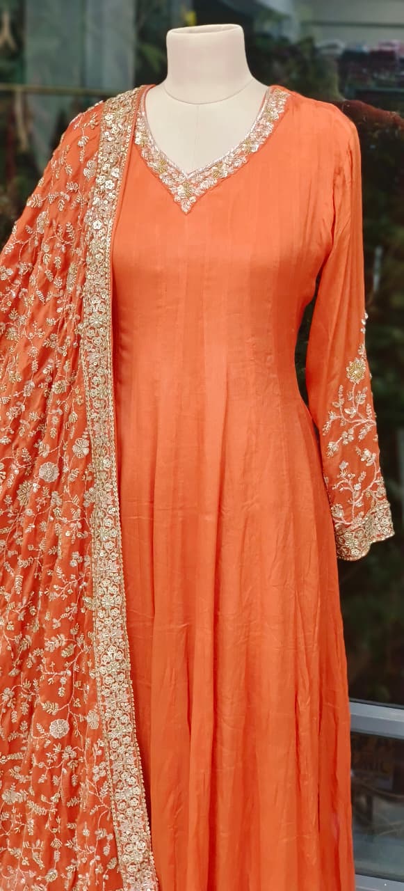 Flowy Chinon Fabric Anarkali Full Suit Set  With Contrast Heavy Embellished Dupatta