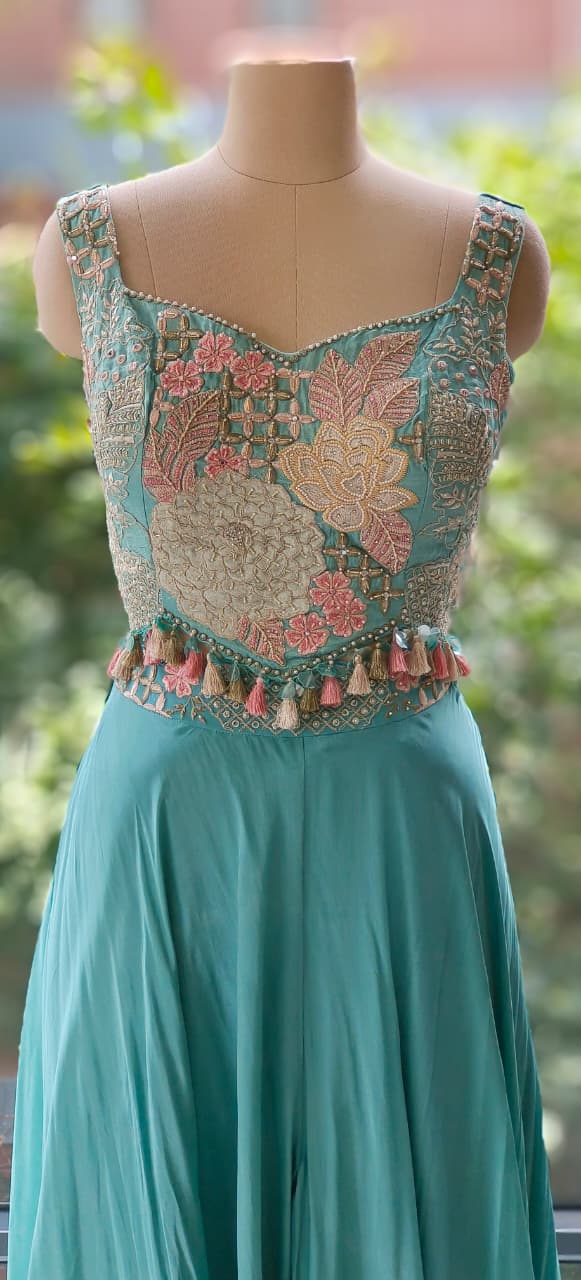Elegant 3-Piece Party Wear Se Embellished Crop Top, Palazzo Bottom & Embroidered Shrug