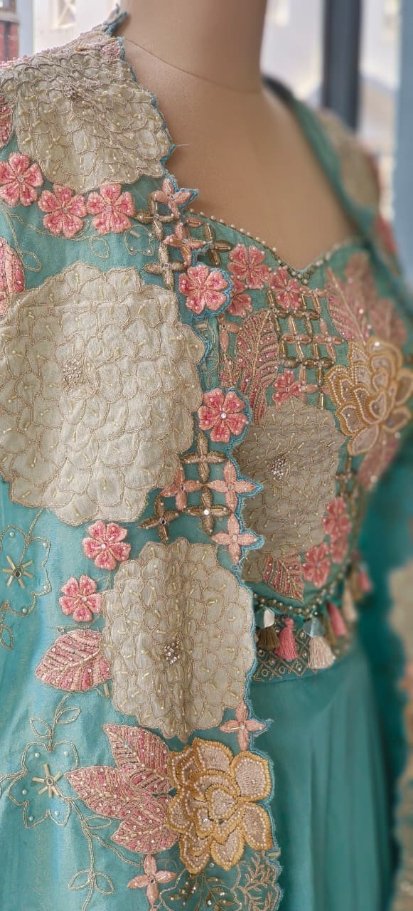 Elegant 3-Piece Party Wear Se Embellished Crop Top, Palazzo Bottom & Embroidered Shrug