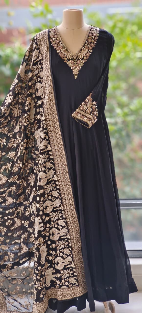 Party Wear Chinon Fabric Flowing Embroidered Neck Panel Anarkali with Intricate Thread & Sequin Work Dupatta