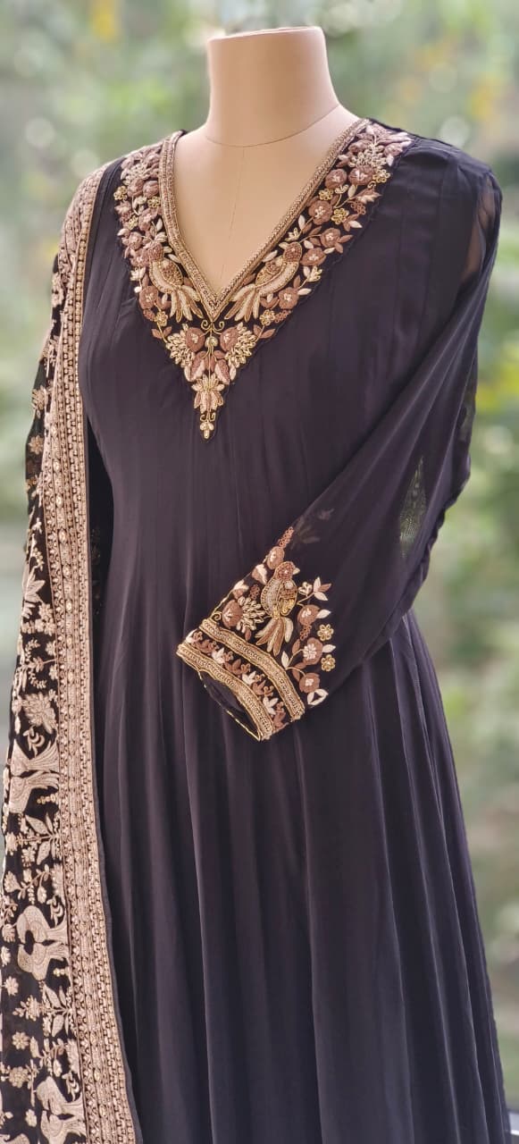 Party Wear Chinon Fabric Flowing Embroidered Neck Panel Anarkali with Intricate Thread & Sequin Work Dupatta