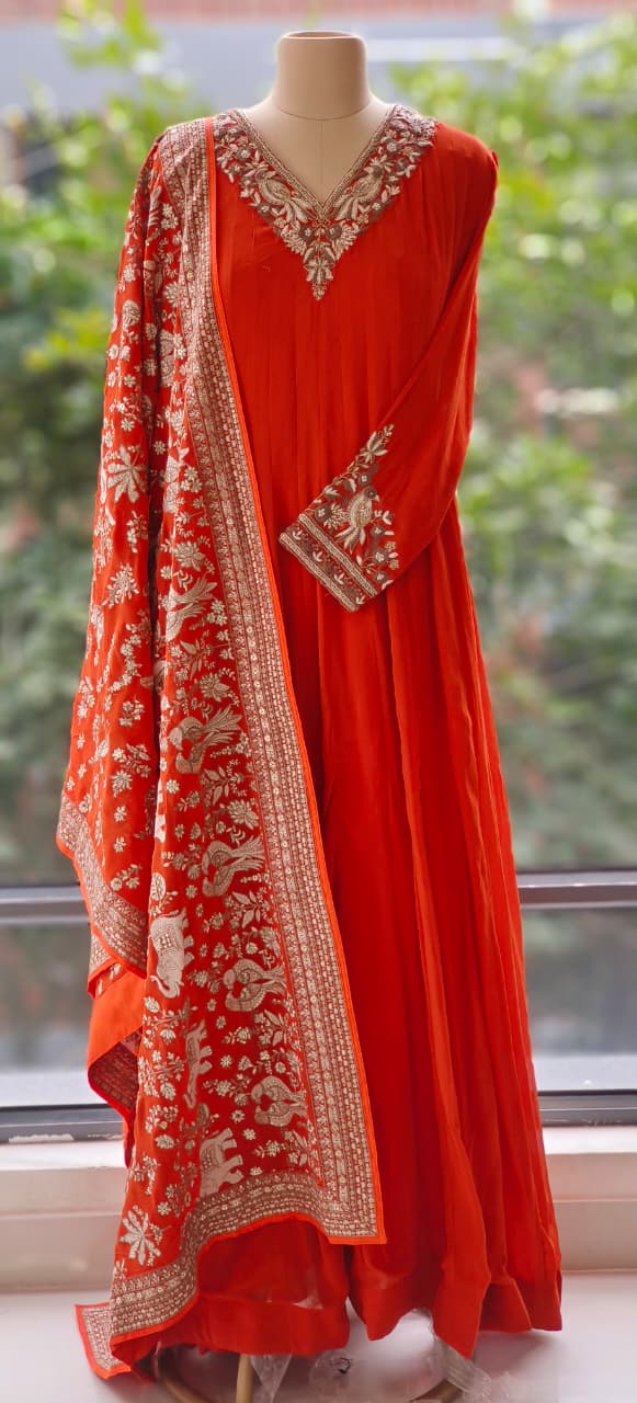 Party Wear Chinon Fabric Flowing Embroidered Neck Panel Anarkali with Intricate Thread & Sequin Work Dupatta