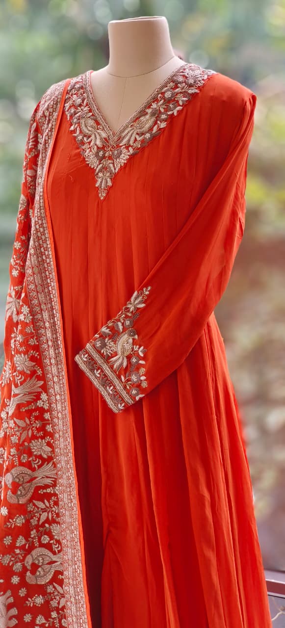 Party Wear Chinon Fabric Flowing Embroidered Neck Panel Anarkali with Intricate Thread & Sequin Work Dupatta