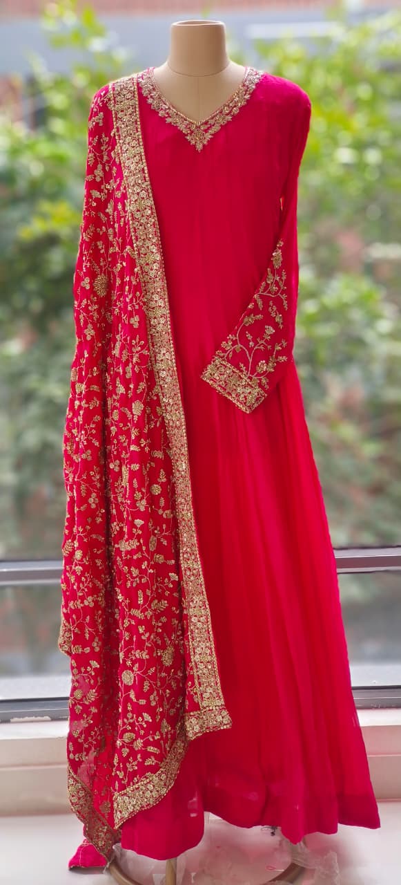 Flowy Chinon Fabric Anarkali Full Suit Set  With Contrast Heavy Embellished Dupatta