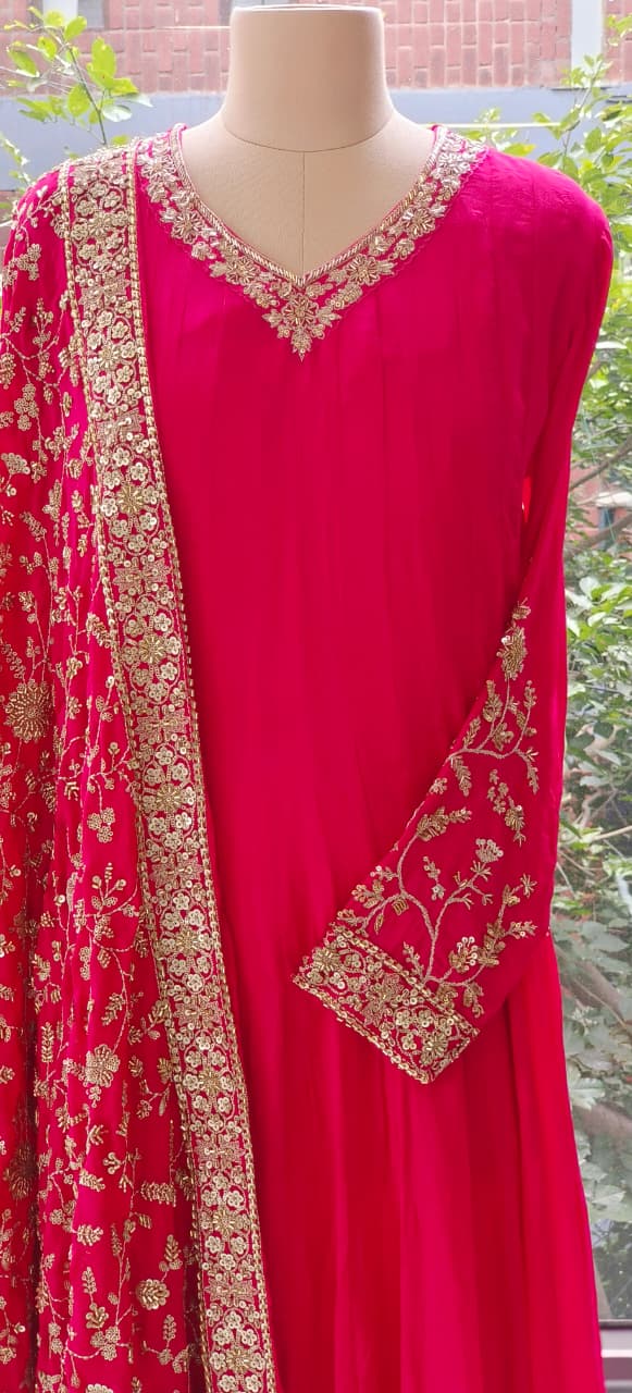 Flowy Chinon Fabric Anarkali Full Suit Set  With Contrast Heavy Embellished Dupatta