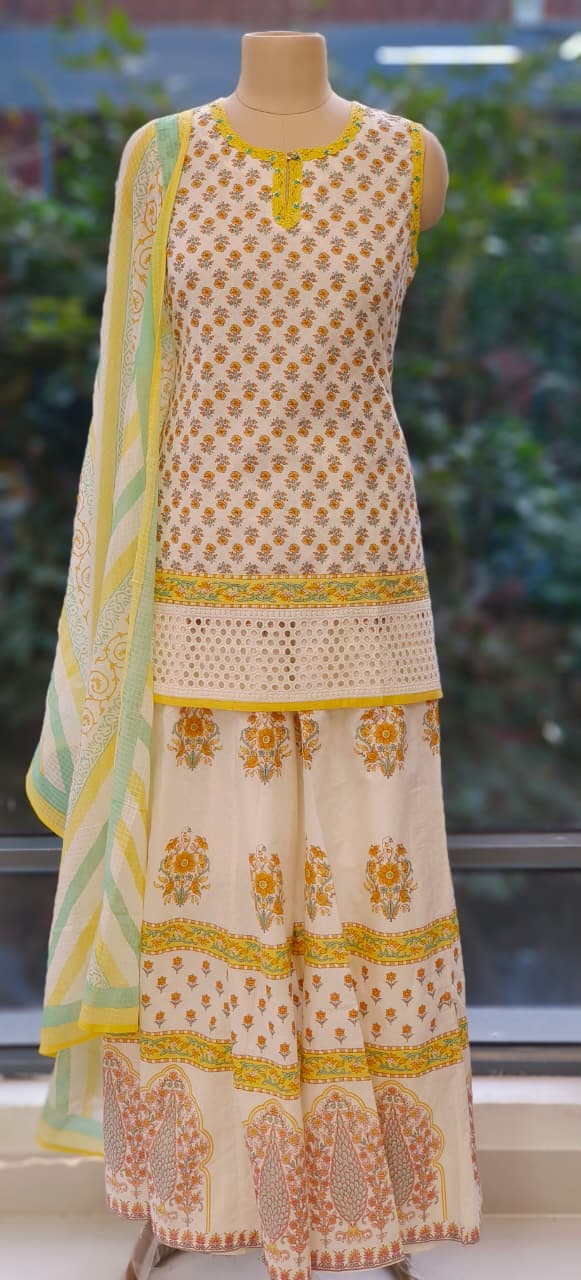 Elegant Cotton Fusion Wear Sleeveless Kurta with Sharara Bottom, Detailed Print & Soft Dupatta-12292