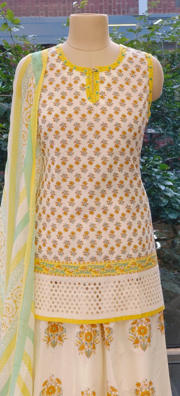 Elegant Cotton Fusion Wear Sleeveless Kurta with Sharara Bottom, Detailed Print & Soft Dupatta-12292