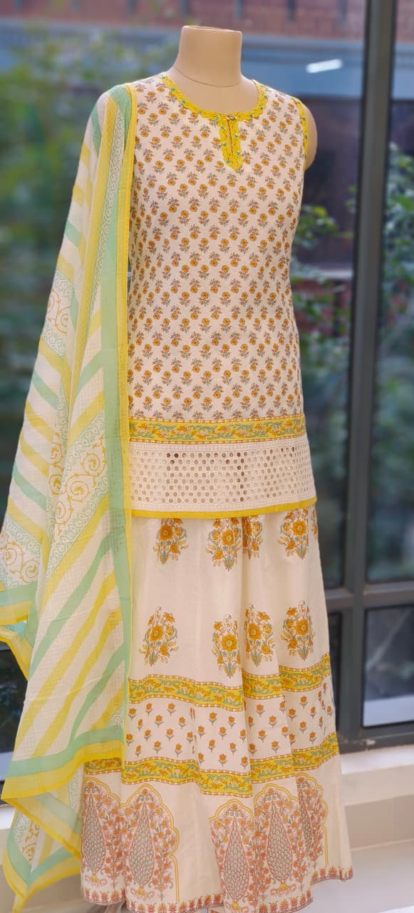 Elegant Cotton Fusion Wear Sleeveless Kurta with Sharara Bottom, Detailed Print & Soft Dupatta-12292