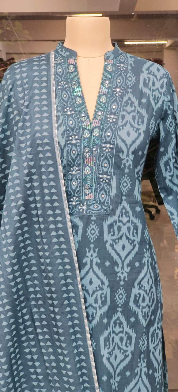 Printed  Ajrakh Inspired Cotton Suit Set with Handblock Dupatta-12303,12302