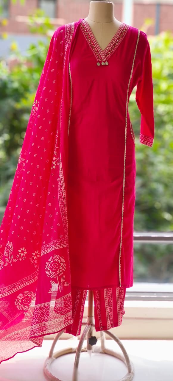 Solid Shade With Pocket Pure Cotton Full Suit Set with Foil Mirror Embroidery Work -12215-12213