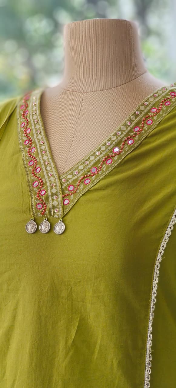 Solid Shade With Pocket Pure Cotton Full Suit Set with Foil Mirror Embroidery Work -12215-12213