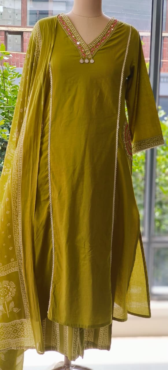 Solid Shade With Pocket Pure Cotton Full Suit Set with Foil Mirror Embroidery Work -12215-12213