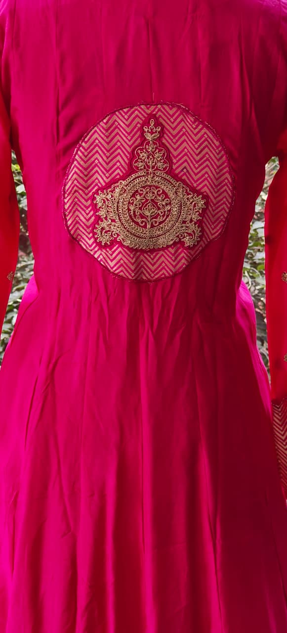 Premium Silk Anarkali Kurta Set Adorned with Detailed Golden Thread Embroidery and Coordinated Dupatta