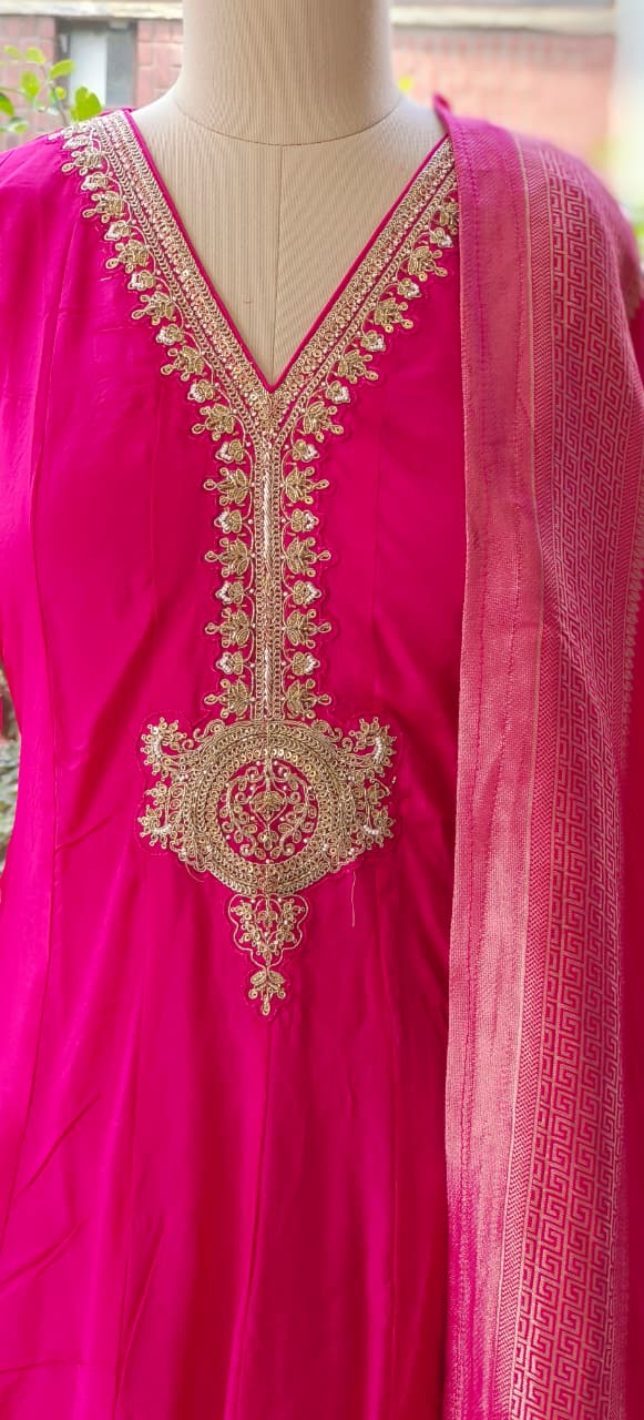 Premium Silk Anarkali Kurta Set Adorned with Detailed Golden Thread Embroidery and Coordinated Dupatta