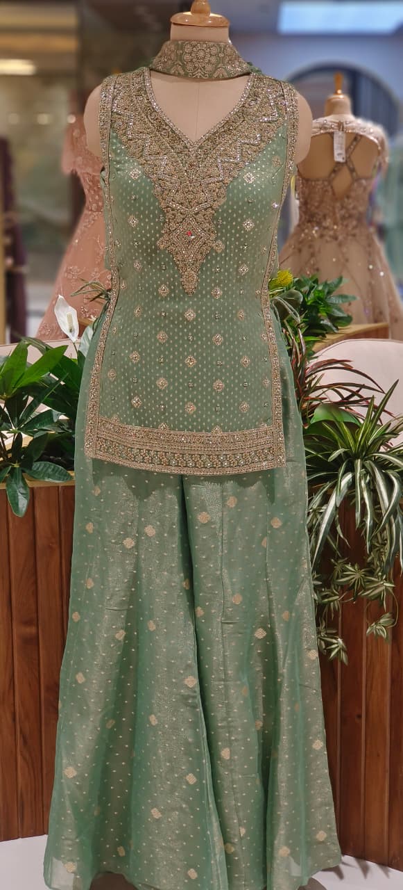 Heavily Crystal Beads Hand Embroidered Short Length Kurta With Loose Palazzo Bottom & Chowker Dupatta(Attached Sleeve)- 12469