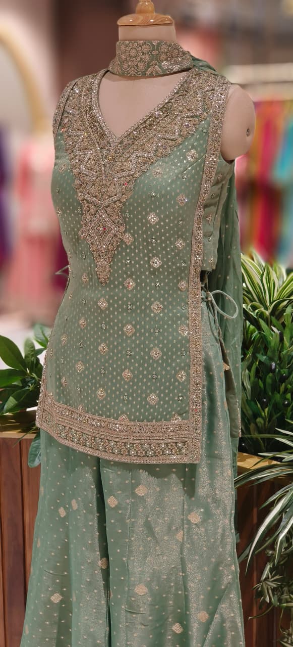 Heavily Crystal Beads Hand Embroidered Short Length Kurta With Loose Palazzo Bottom & Chowker Dupatta(Attached Sleeve)- 12469