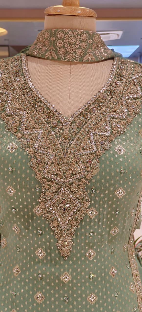 Heavily Crystal Beads Hand Embroidered Short Length Kurta With Loose Palazzo Bottom & Chowker Dupatta(Attached Sleeve)- 12469