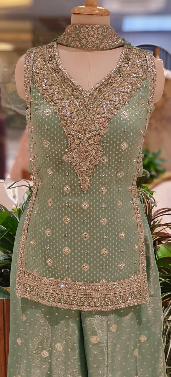 Heavily Crystal Beads Hand Embroidered Short Length Kurta With Loose Palazzo Bottom & Chowker Dupatta(Attached Sleeve)- 12469