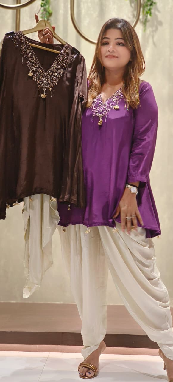 Front Neckline Tassel A-Line Kurta With Tulip Dhoti Pant In Crepe Fabric- 12530