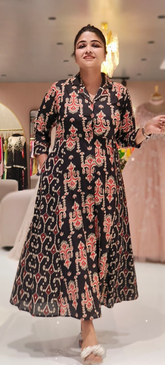 Multiprints Collared A-Line Frock In Cotton Fabric- 12510, 12511, 12512, 12513