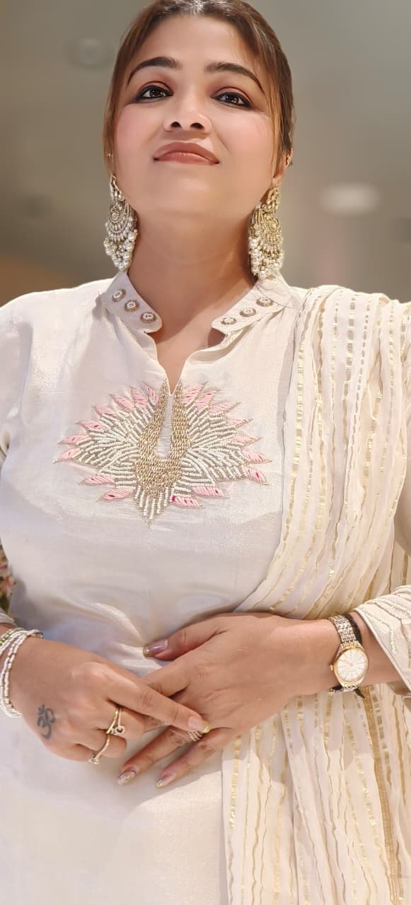 Minimal Thread Embroidered Full Suit Set With Golden Striped Dupatta & Loose Palazzo Bottom In Tissue Fabric- 12545