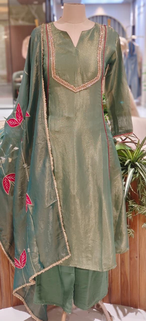 Very Minimal Suttle Work A-Line Full Suit Set With Golden Bordered Floral Dupatta In Tissue Fabric- 12549