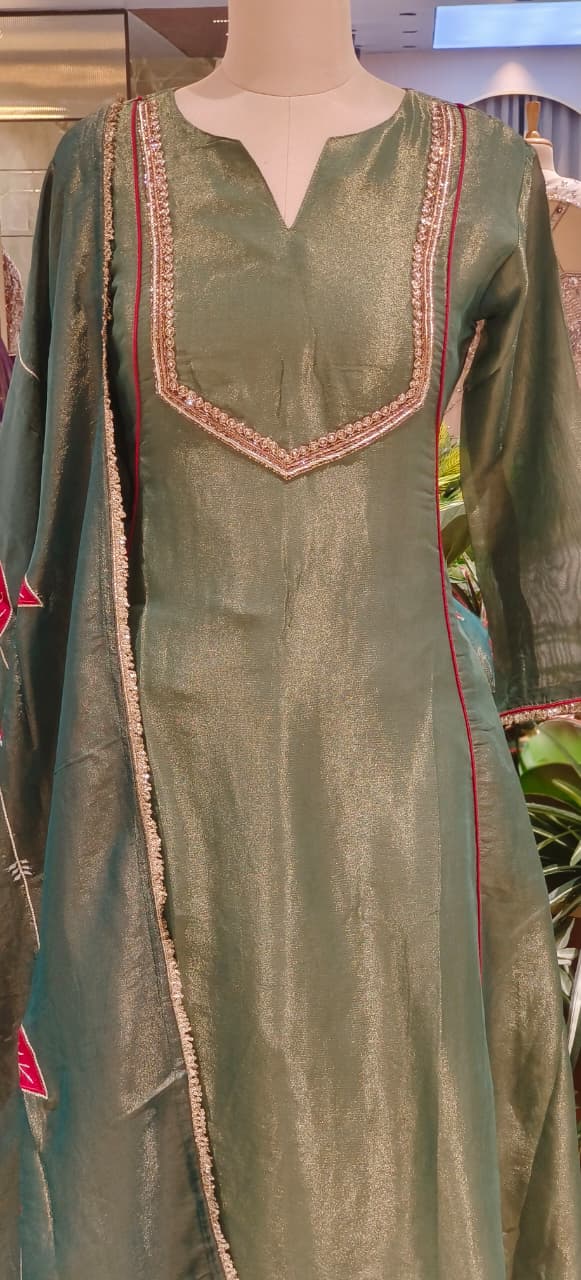 Very Minimal Suttle Work A-Line Full Suit Set With Golden Bordered Floral Dupatta In Tissue Fabric- 12549