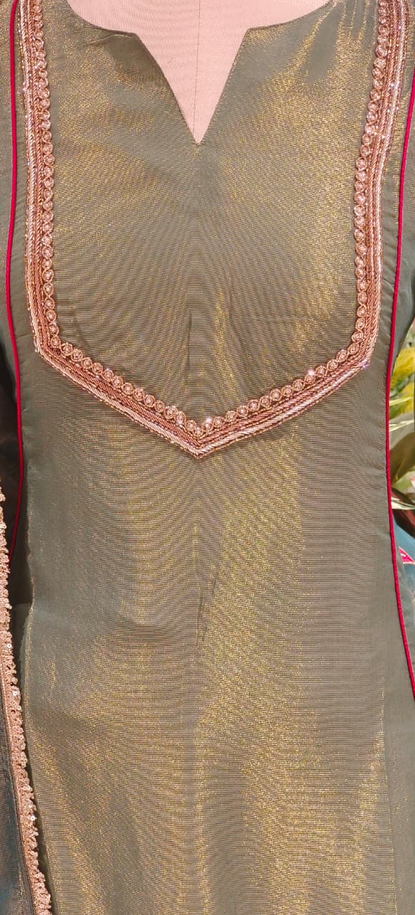 Very Minimal Suttle Work A-Line Full Suit Set With Golden Bordered Floral Dupatta In Tissue Fabric- 12549