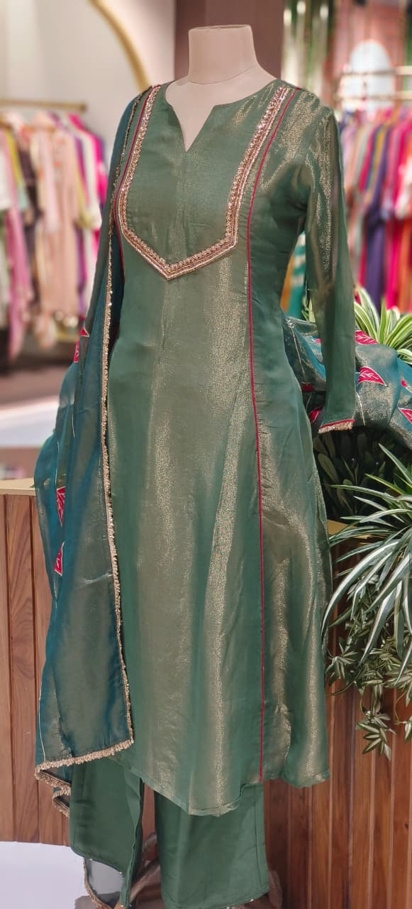 Very Minimal Suttle Work A-Line Full Suit Set With Golden Bordered Floral Dupatta In Tissue Fabric- 12549