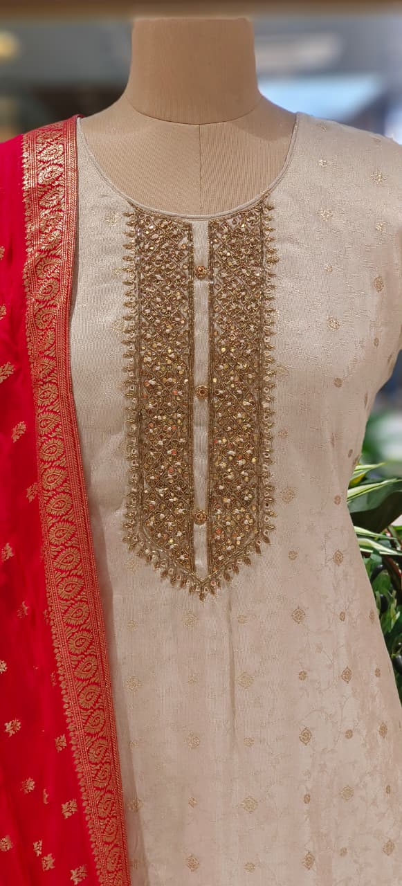 Tissue Brocade Touch Neck Line Full Suit Set With Vibrant Dupatta- 12407