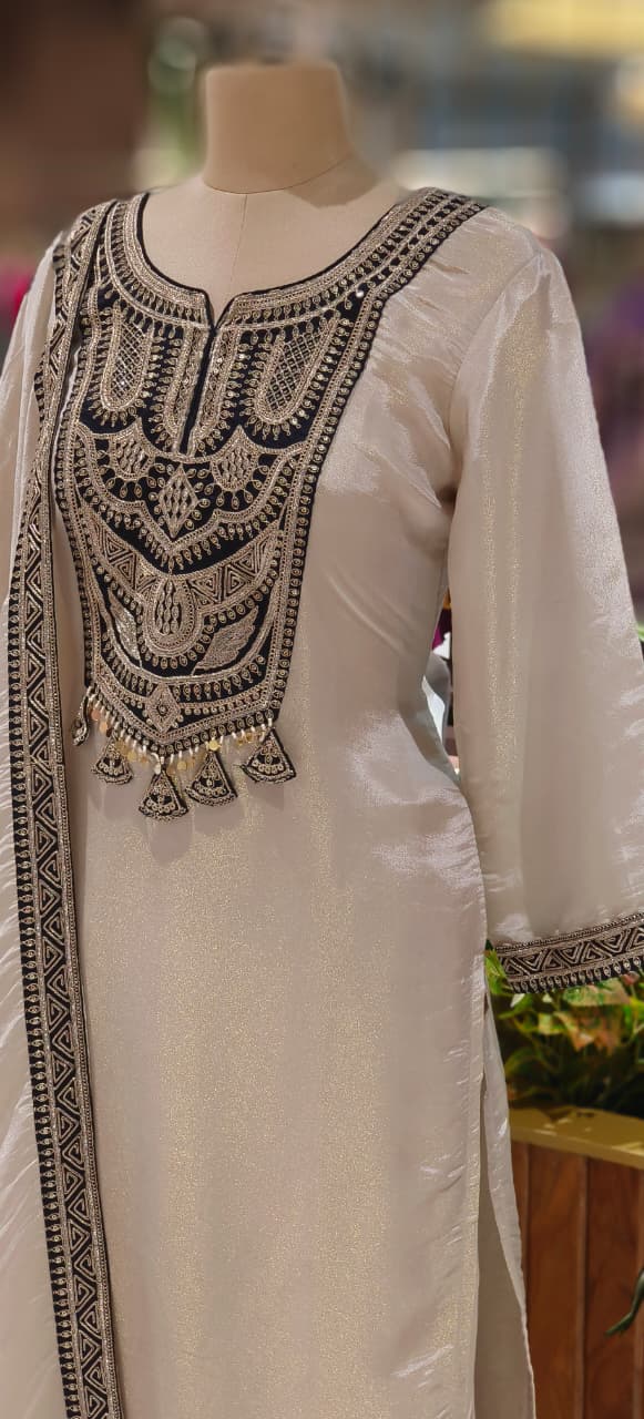 Royal Embroidered With Tassel Full Suit Set With Dupatta In Tissue Fabric- 12529