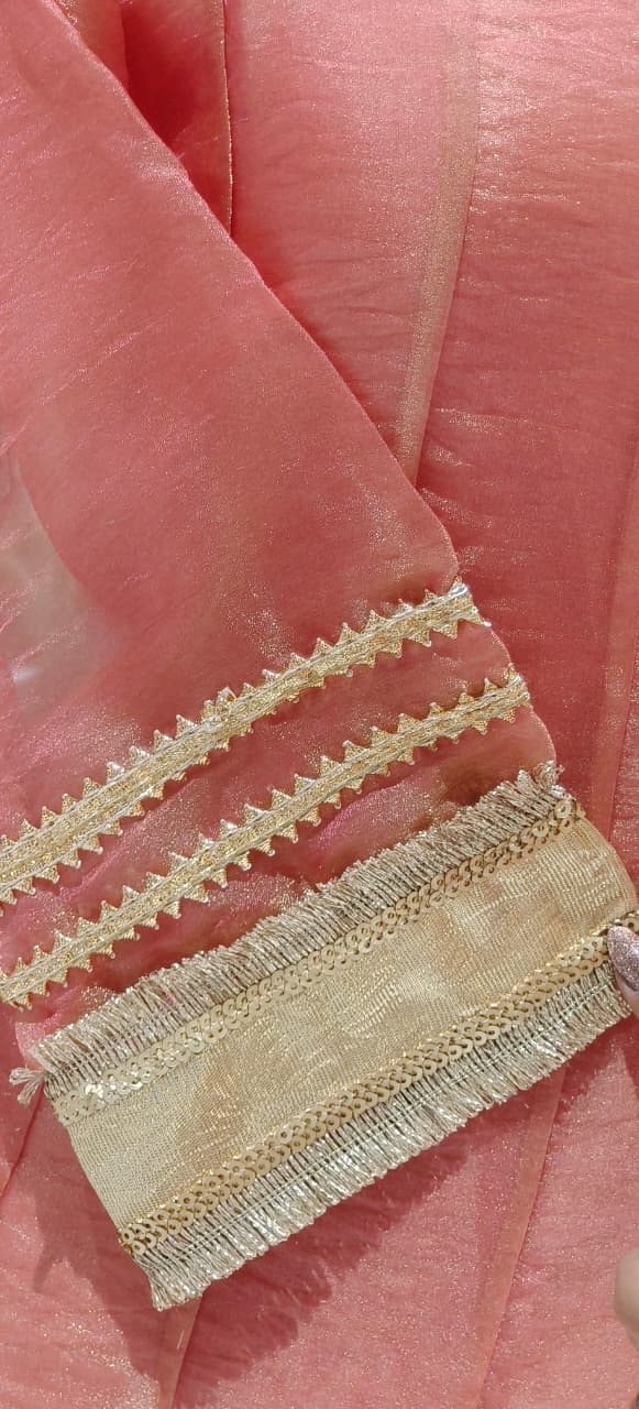 Tissue Panel Anarkali Full Suit Set With Beautiful Golden Borders & Broches