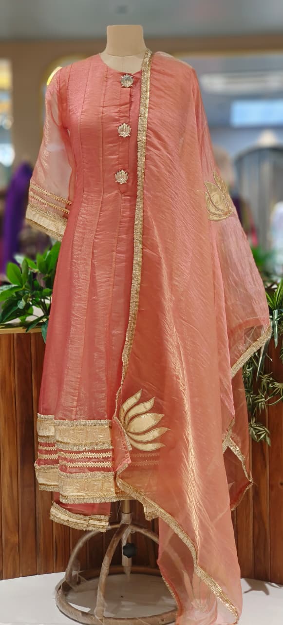 Tissue Panel Anarkali Full Suit Set With Beautiful Golden Borders & Broches