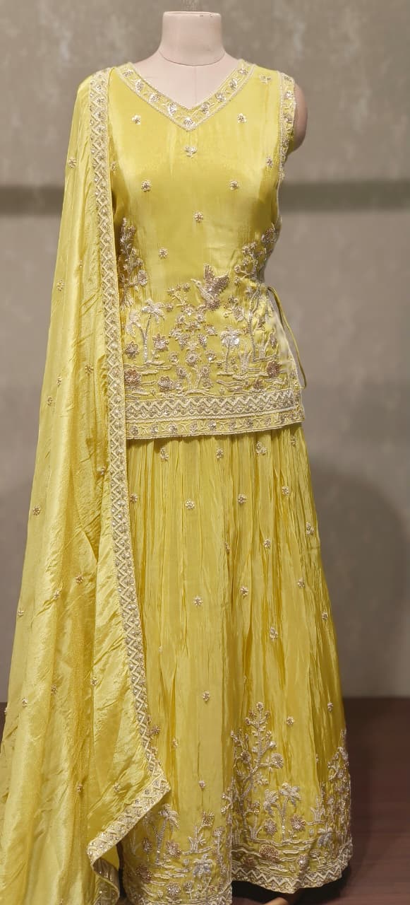 Premium Sunshine Yellow Silk Lehenga Set with Intricate Zari Thread Embroidery and Matching Dupatta-12556 Dry Wash