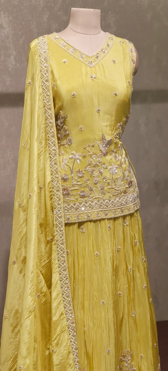 Premium Sunshine Yellow Silk Lehenga Set with Intricate Zari Thread Embroidery and Matching Dupatta-12556 Dry Wash