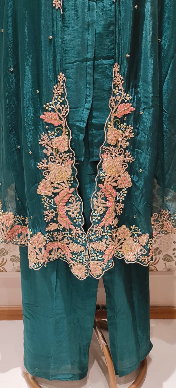 Exclusive Chinon Three-Piece Indo western Party Wear Outfit  Featuring Rich Multi colour Zari, Sequence & Thread Handwork