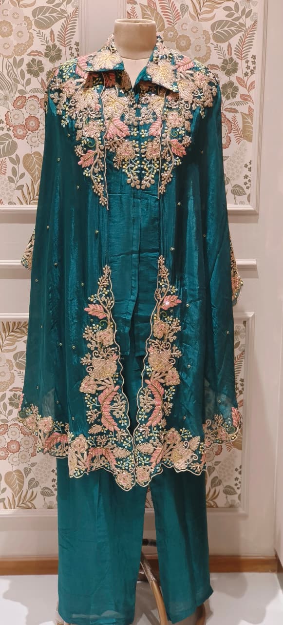 Exclusive Chinon Three-Piece Indo western Party Wear Outfit  Featuring Rich Multi colour Zari, Sequence & Thread Handwork