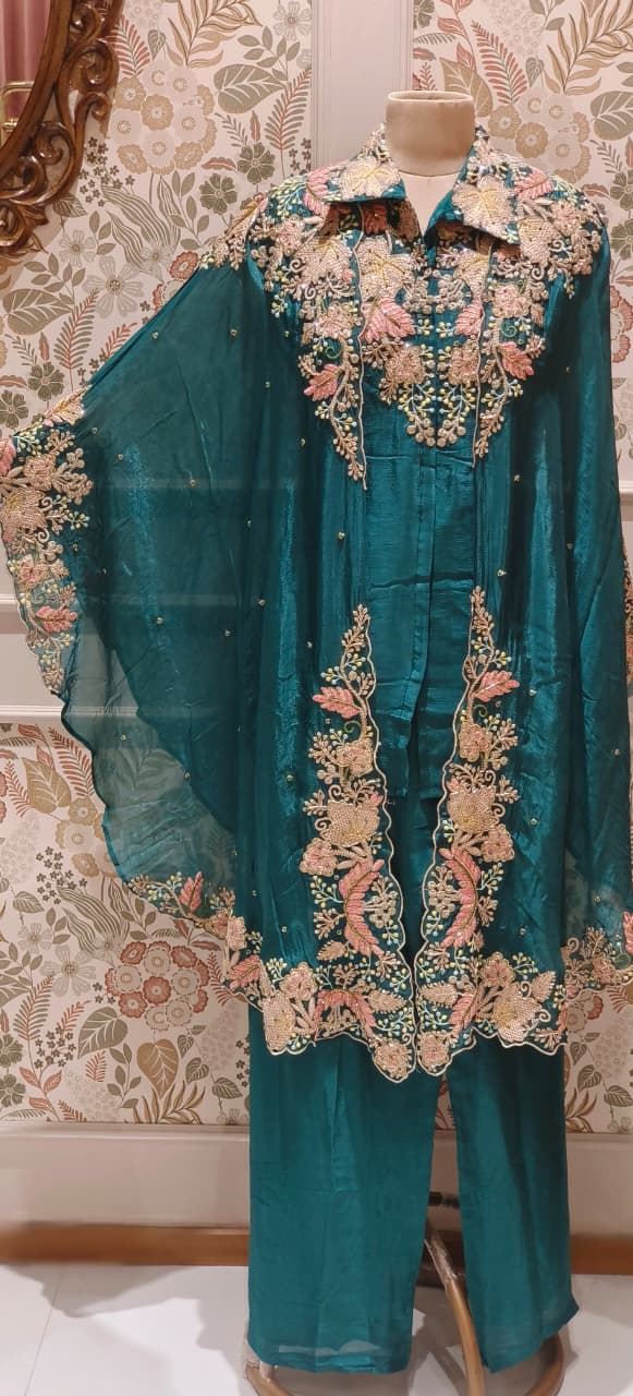 Exclusive Chinon Three-Piece Indo western Party Wear Outfit  Featuring Rich Multi colour Zari, Sequence & Thread Handwork