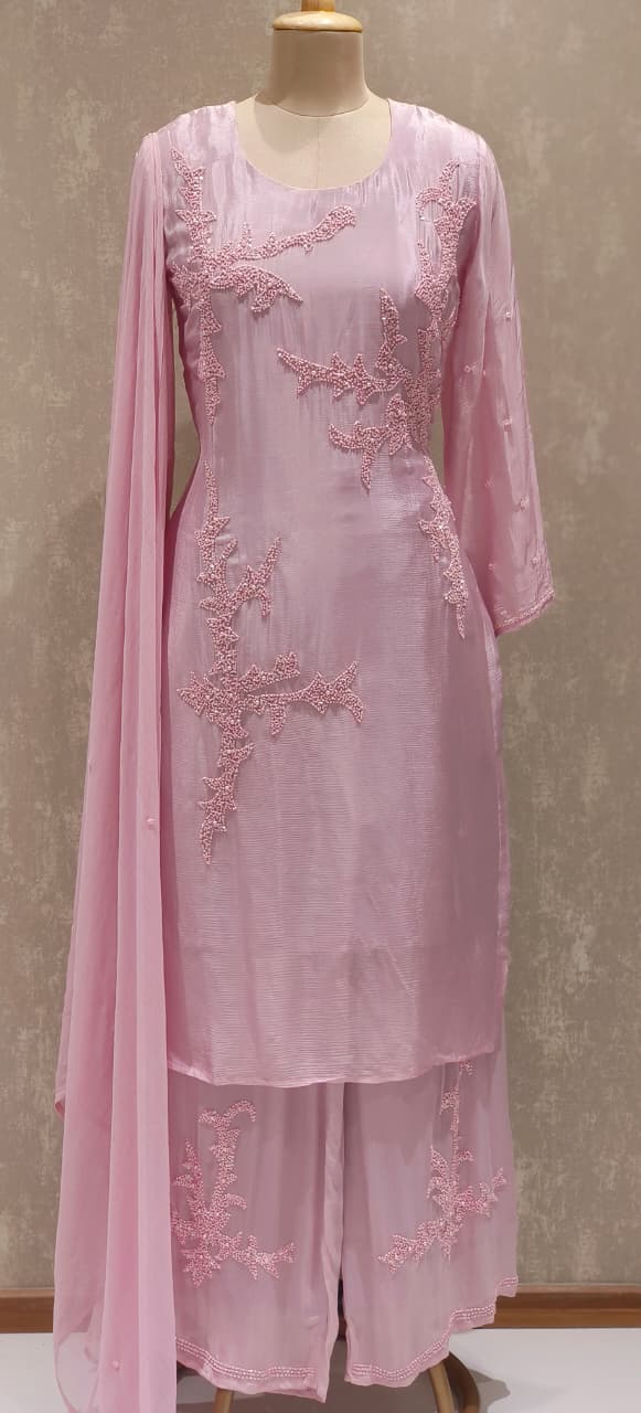 Designer Chinon Fabric Kurta–Palazzo Ensemble Adorned with Intricate Hand Embroidery & Beadwork With Dupatta DRY WASH