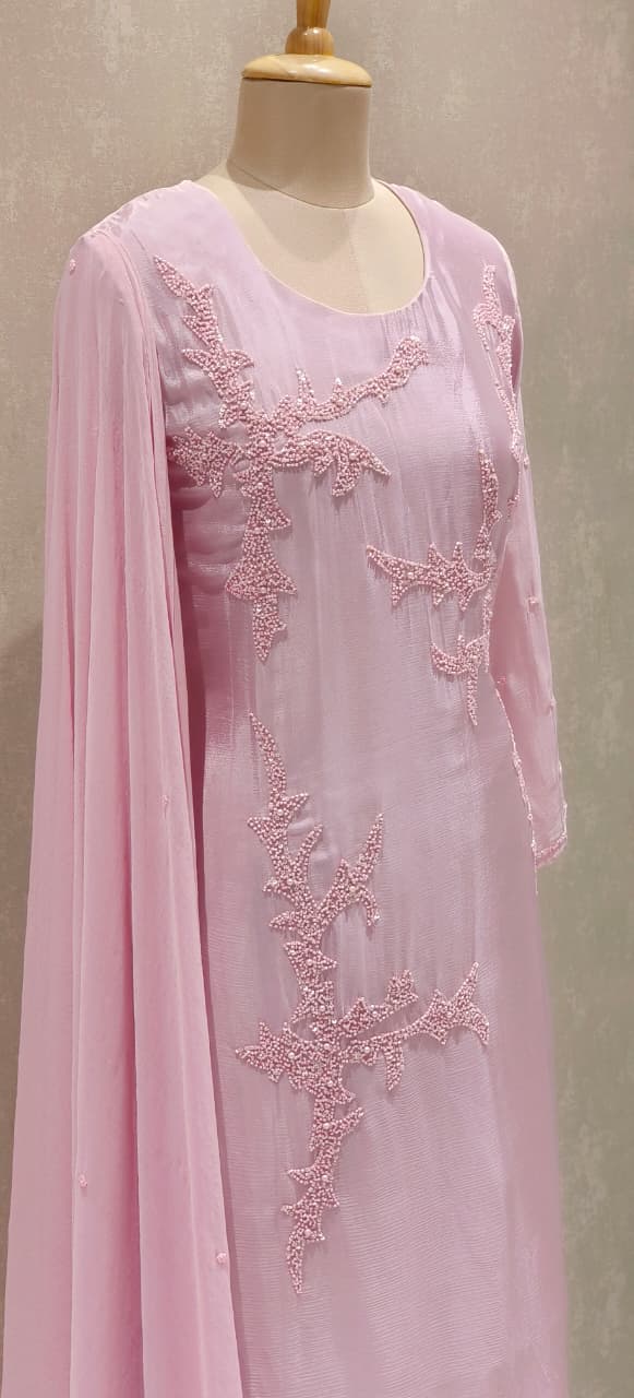 Designer Chinon Fabric Kurta–Palazzo Ensemble Adorned with Intricate Hand Embroidery & Beadwork With Dupatta DRY WASH