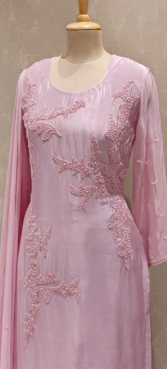 Designer Chinon Fabric Kurta–Palazzo Ensemble Adorned with Intricate Hand Embroidery & Beadwork With Dupatta DRY WASH
