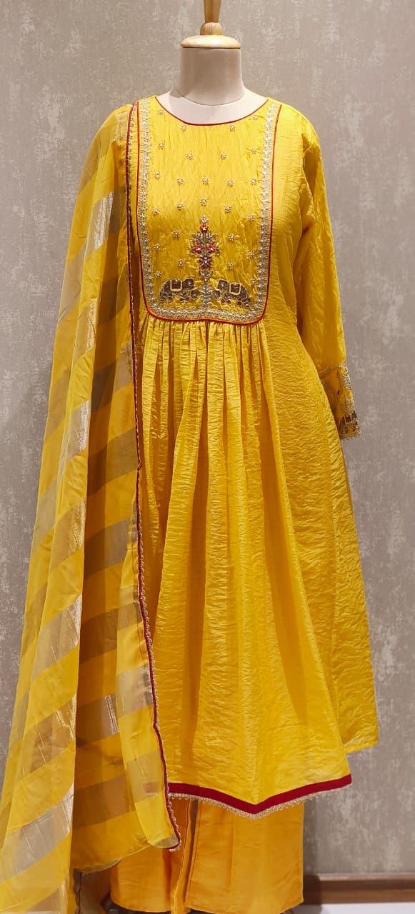 Surat Mul Chanderi Festival Collection Suit with Handcrafted Yoke Design, Rich Embellishments & Classic Dupatta
